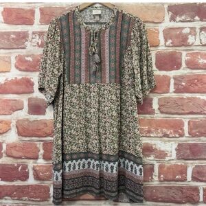 Knox Rose Dress Womens Large Multicolor Boho Ditsy Floral Crinkle Peasant Casual